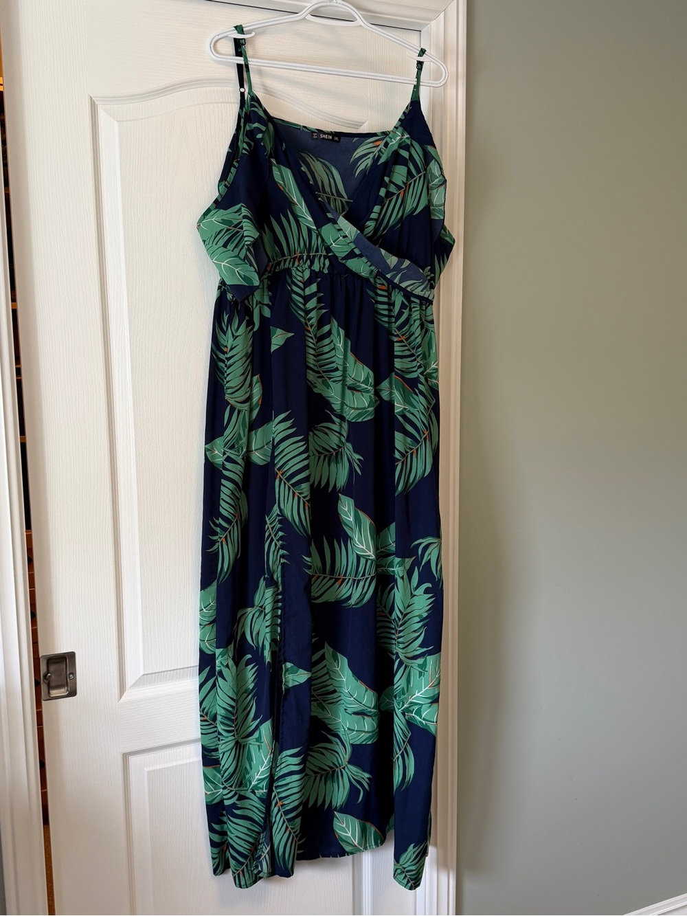 SHEIN Navy Blue Maxi Dress with Green Leaf Print